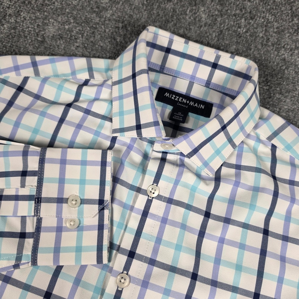 Mizzen+Main Leeward Dress Shirt Mens M Blue White Plaid 1WS-0026 Classic Fit
